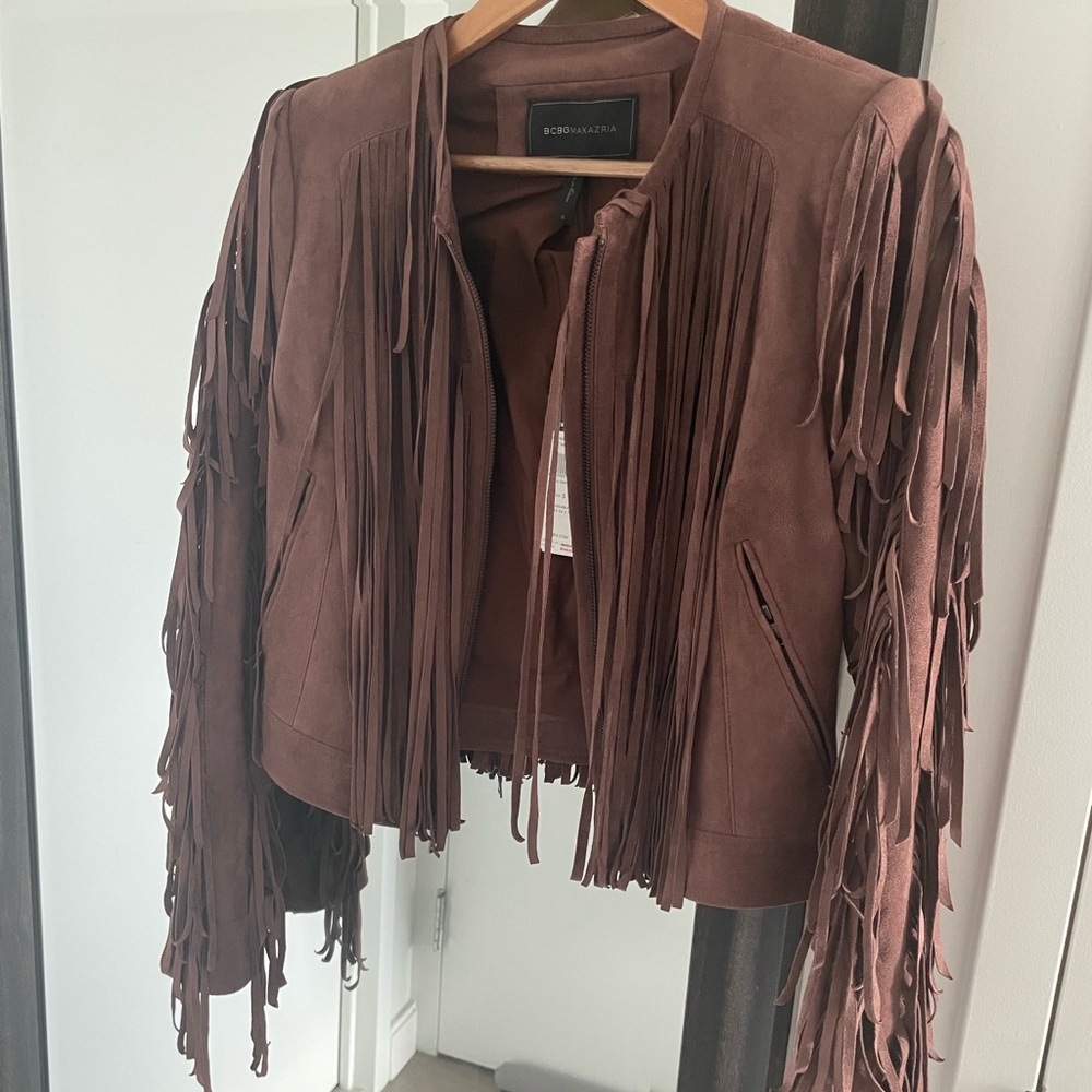 NWT BCBG western fringe jacket brown